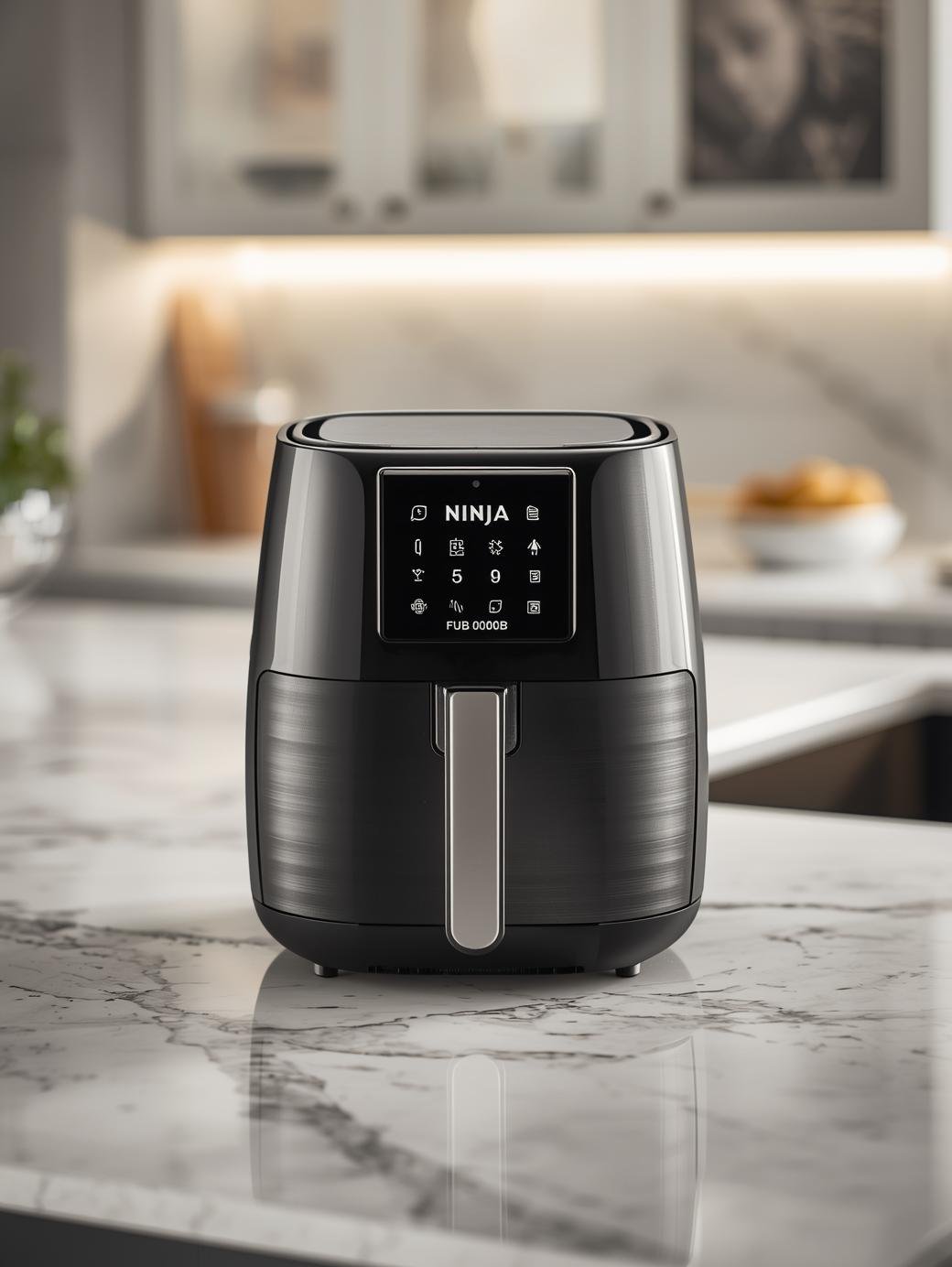 Est ce que tu peux me générer une photo reelle d un air fryer de la marque Ninja a good lighting photo professionnel dans une cuisine plan de travail marbre