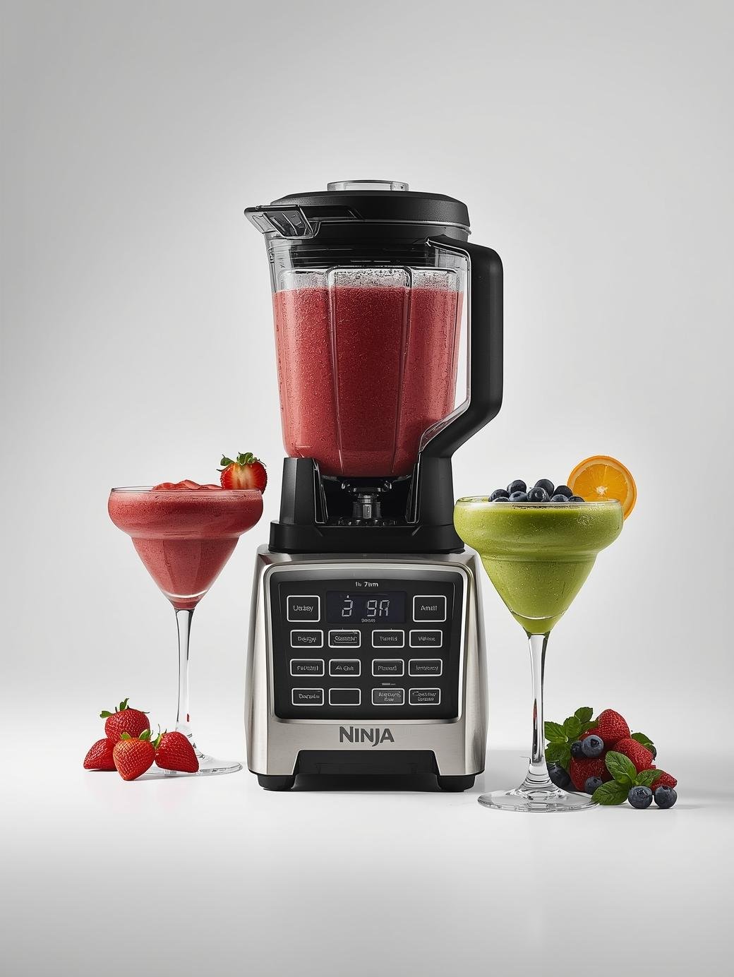 Est ce que tu peux me générer une photo reelle d un blender de marque Ninja a cote des verres de smothies a good lighting photo professionnel , fond blanc