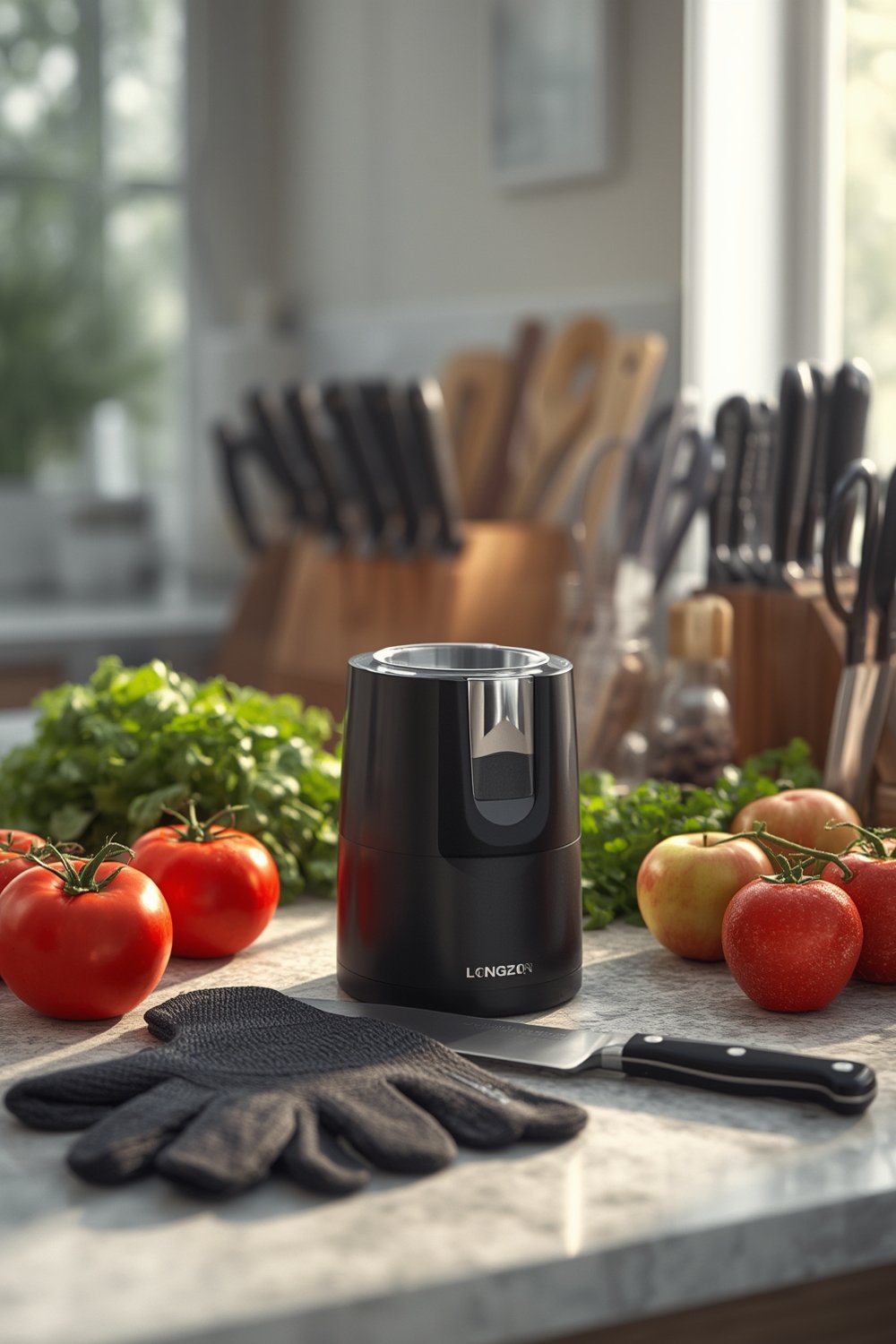 Longzon 4-in-1 Knife Sharpener [4 Stage] with a Pair of Cut-Resistant Glove,Original Premium Polish Blades, Best Kitchen Knife Sharpener Works for Fruit and Steel Knives, Scissors(Black+Silver) - Illustration 1