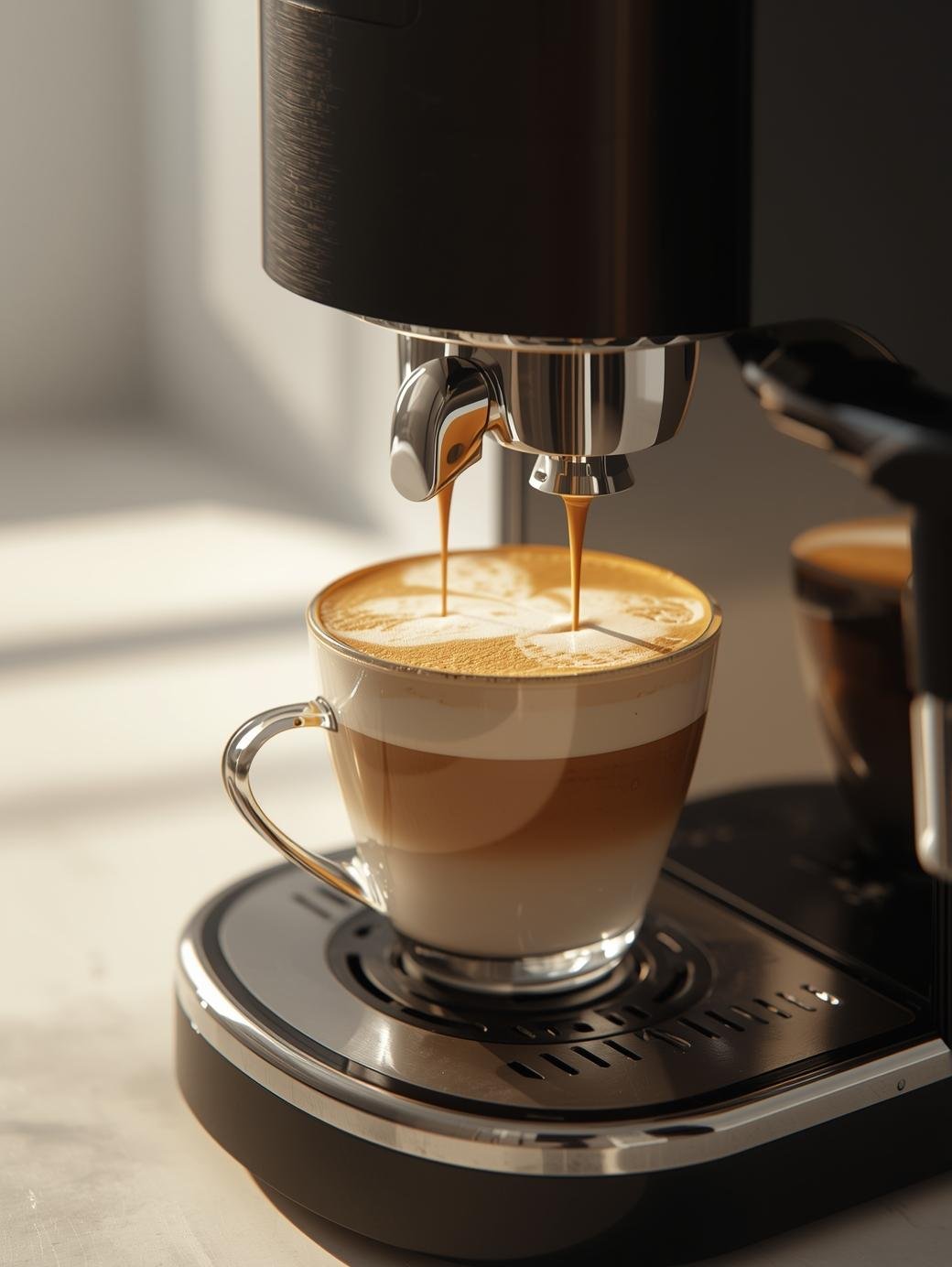 coffee maker _Cappuccino in thecoffe maker like reality at home with a good lighting of morning ad white background