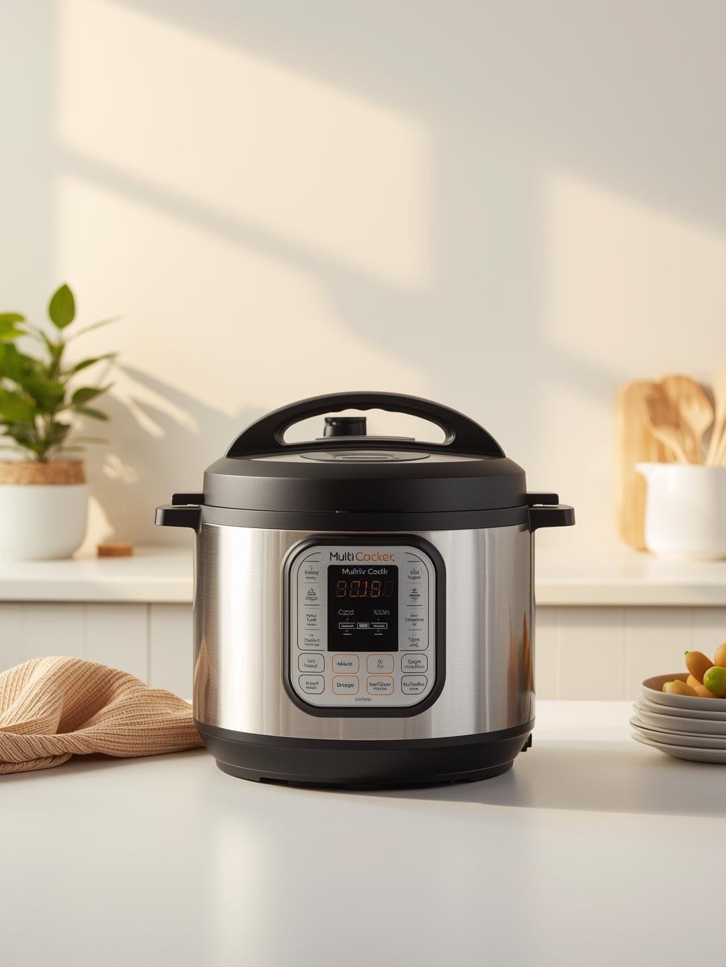 professionel studio product photography of a multi cooker like reality at home with a good lighting and white background